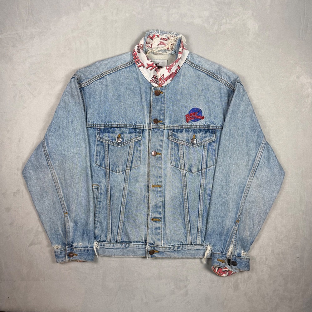 90s Mens Planet Hollywood Reno Distressed Denim Trucker Jacket Large
